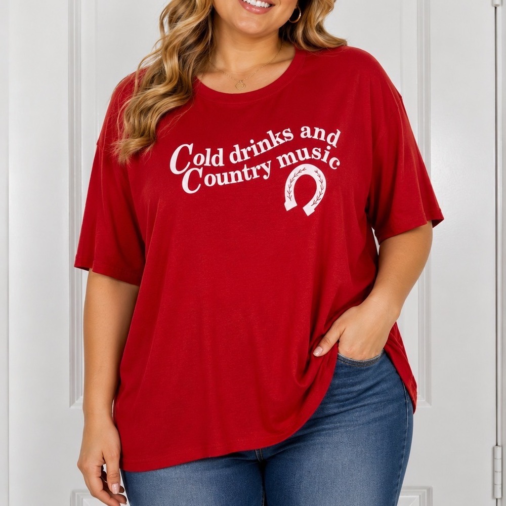 Jerzees Cold Drinks and Country Music Red Graphic T-Shirt 2XL Horseshoe